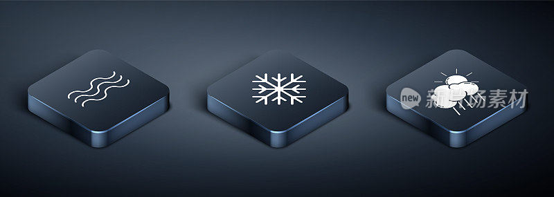 Set Isometric Waves, Cloud with rain and sun and Snowflake icon. Vector
